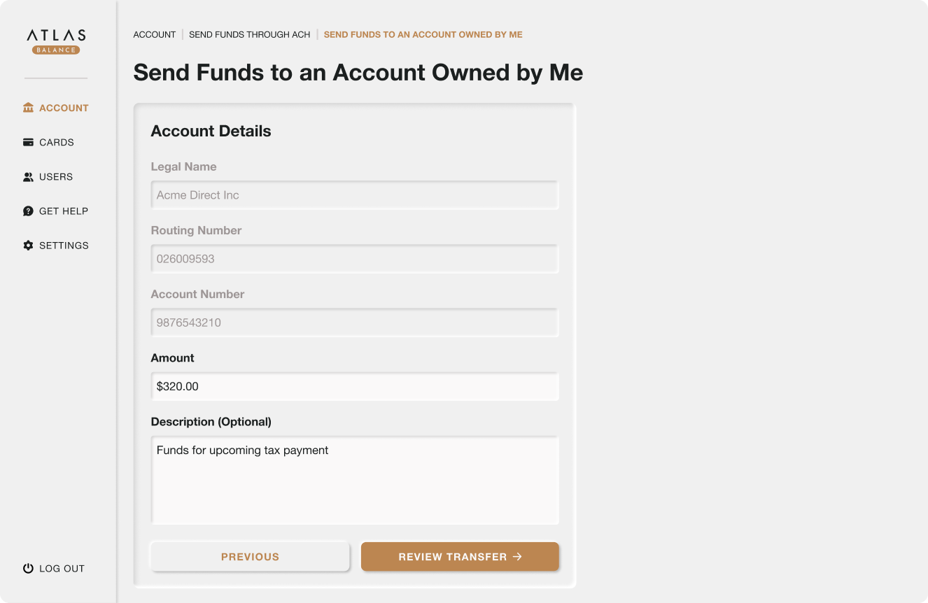 send funds screen