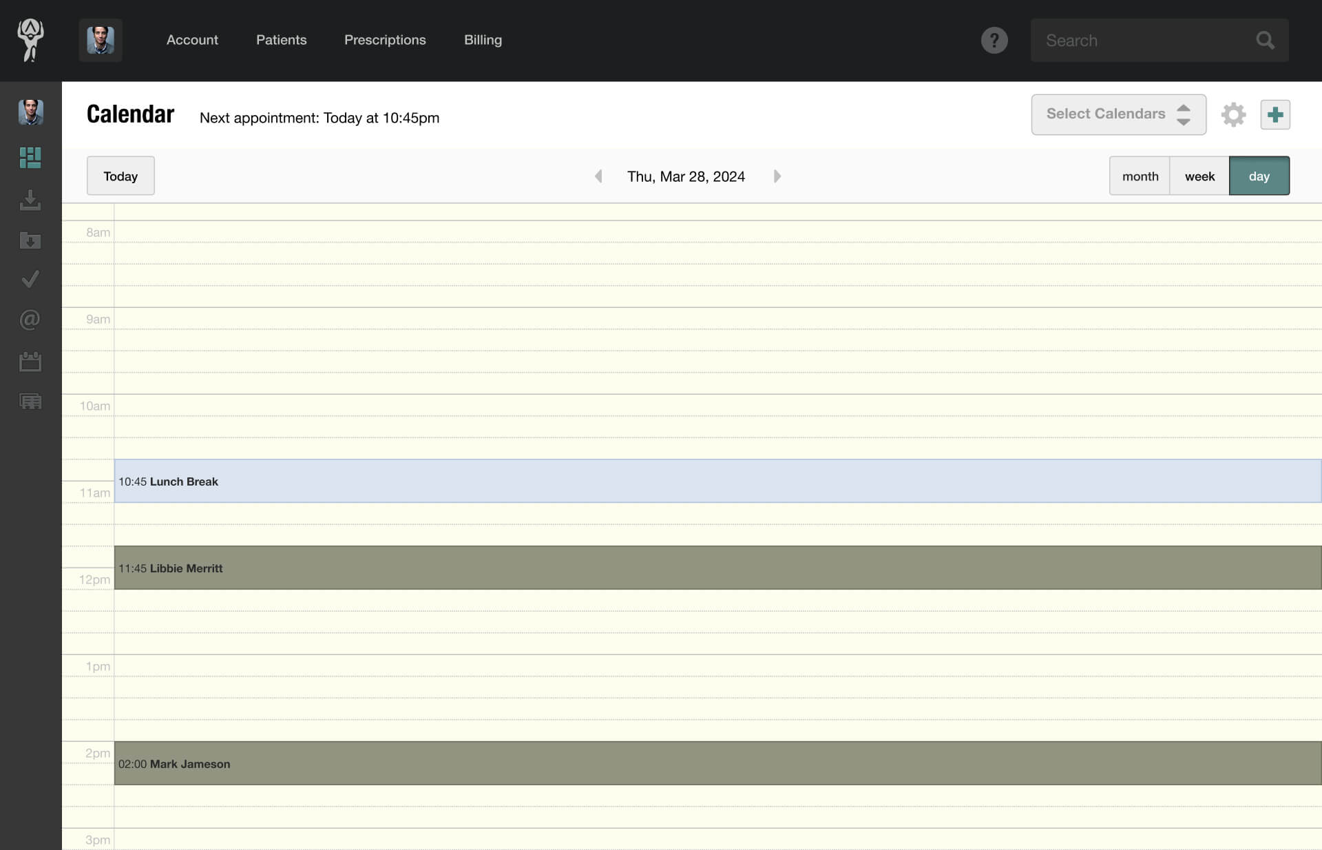 Screenshot of the Patient Calendar Screen