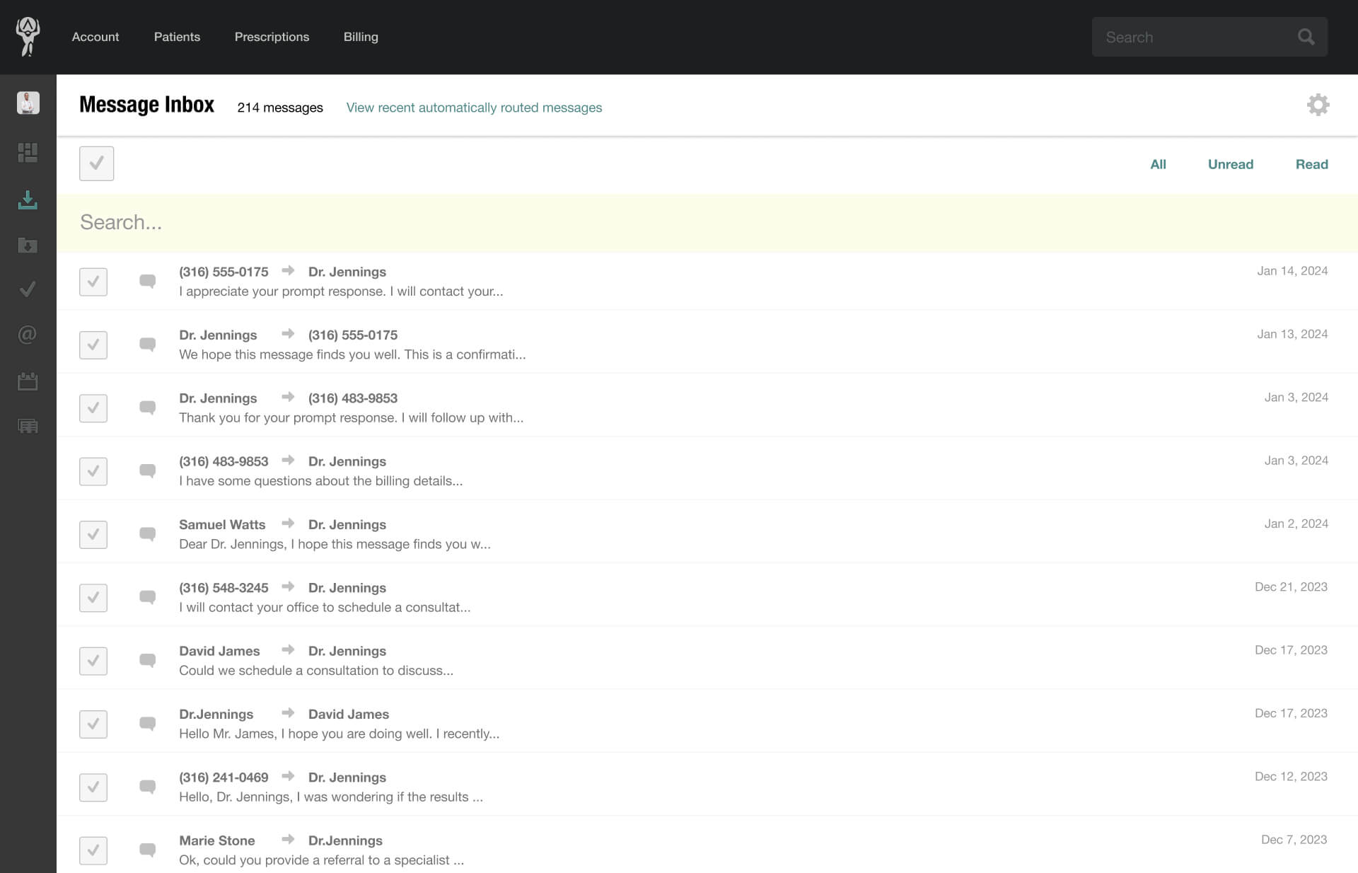 Screenshot of the Patient Messages Screen