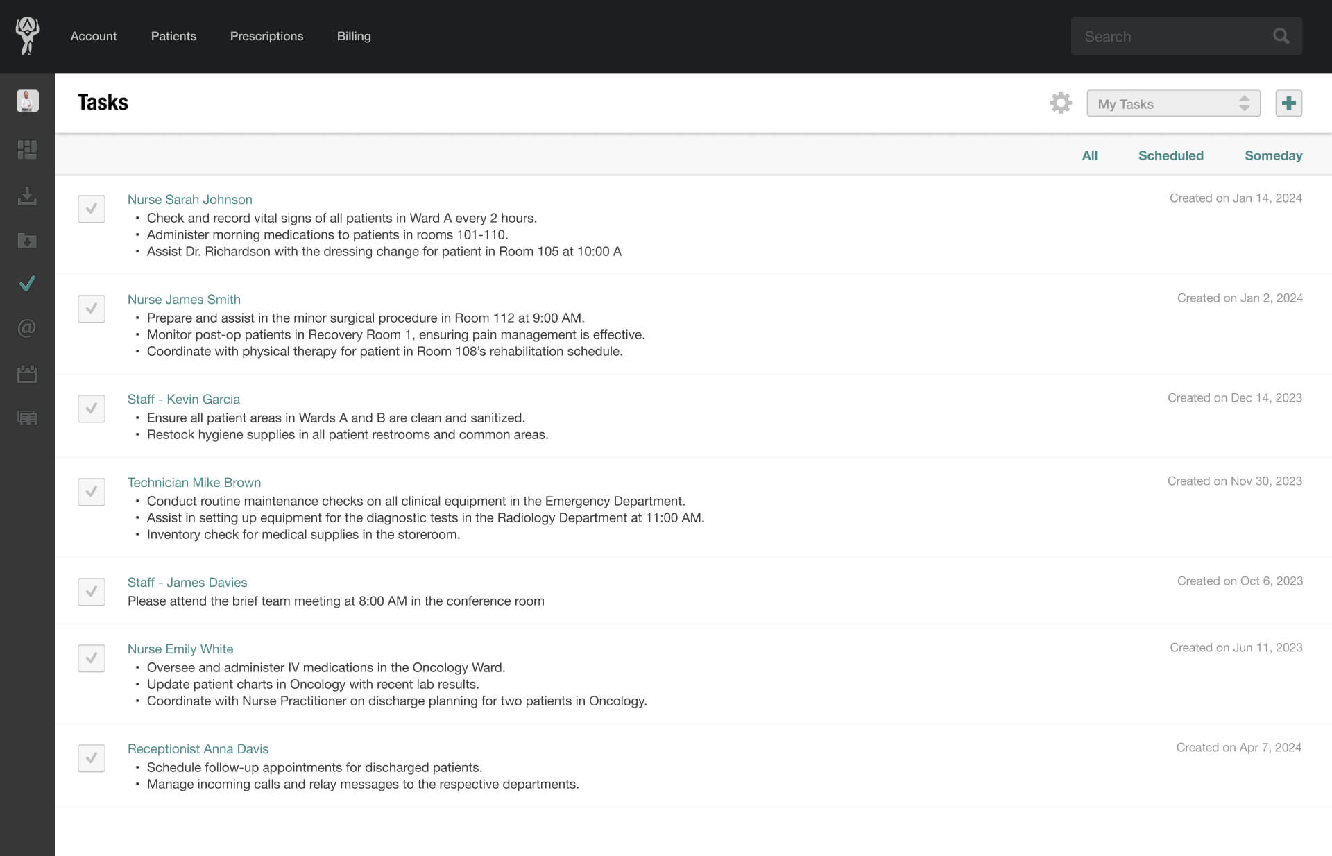 Screenshot of the Patient Tasks Page